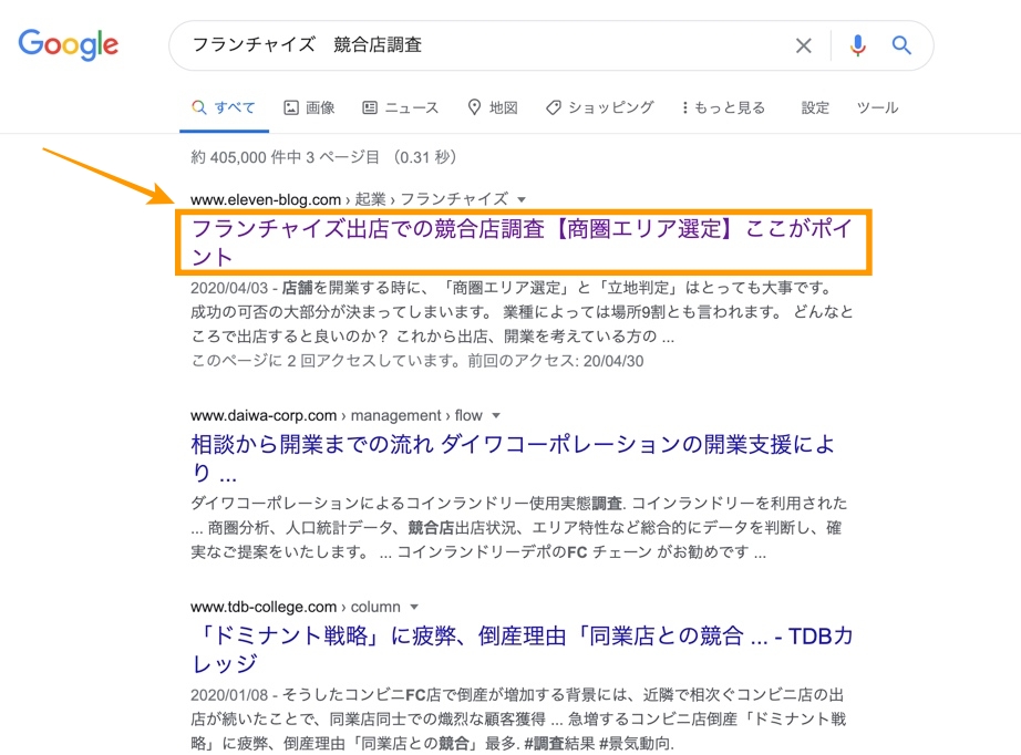 フランチャイズ　競合店調査　検索結果